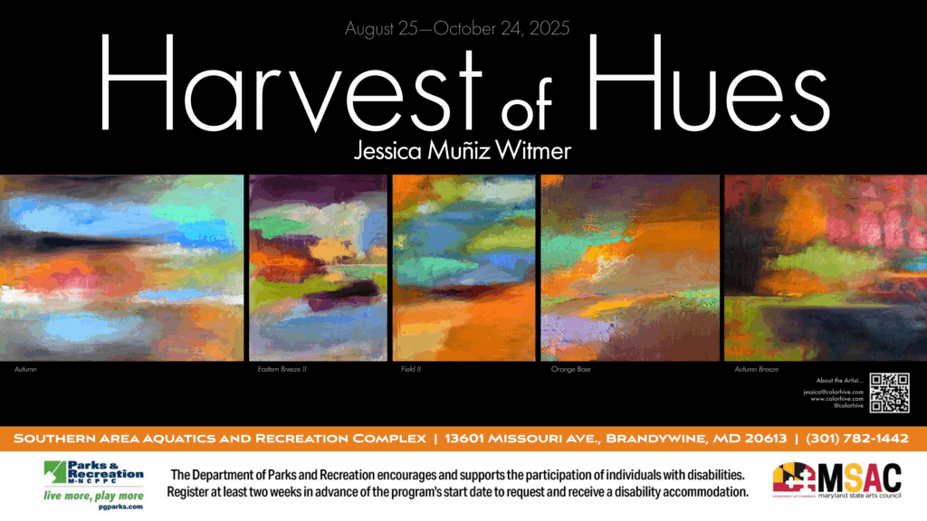 An ad for the exhibit by Jessica Muñiz Witmer titled "Harvest of Hues" and features a select few artworks from the collection