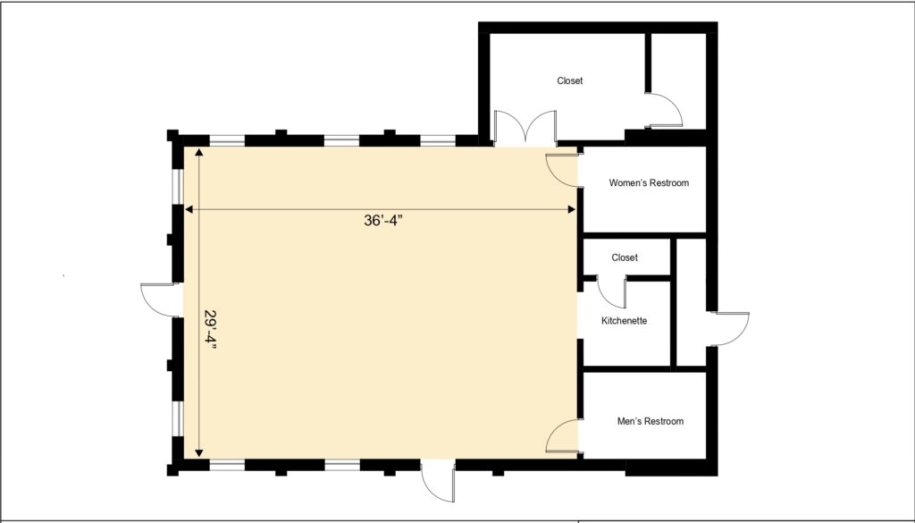 Floor Plan for Lane Manor Park Building. The main room is 36 feet 4 inches by 29 feet four inches. Other rooms are: a closet, a women's restroom, a men's restroom, and a kitchenette with an attached closet.