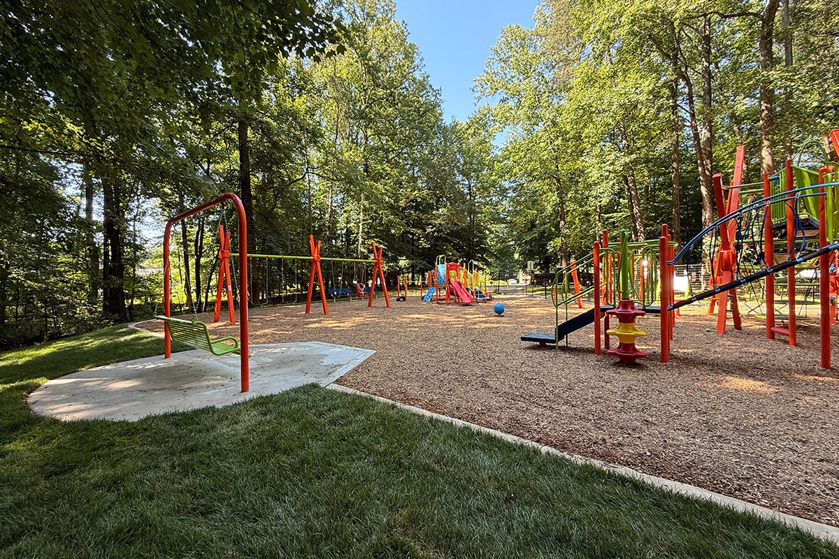 Inclusive sway bench featuring a high-back swinging bench, traditional swings, and play structures connected by accessible routes.