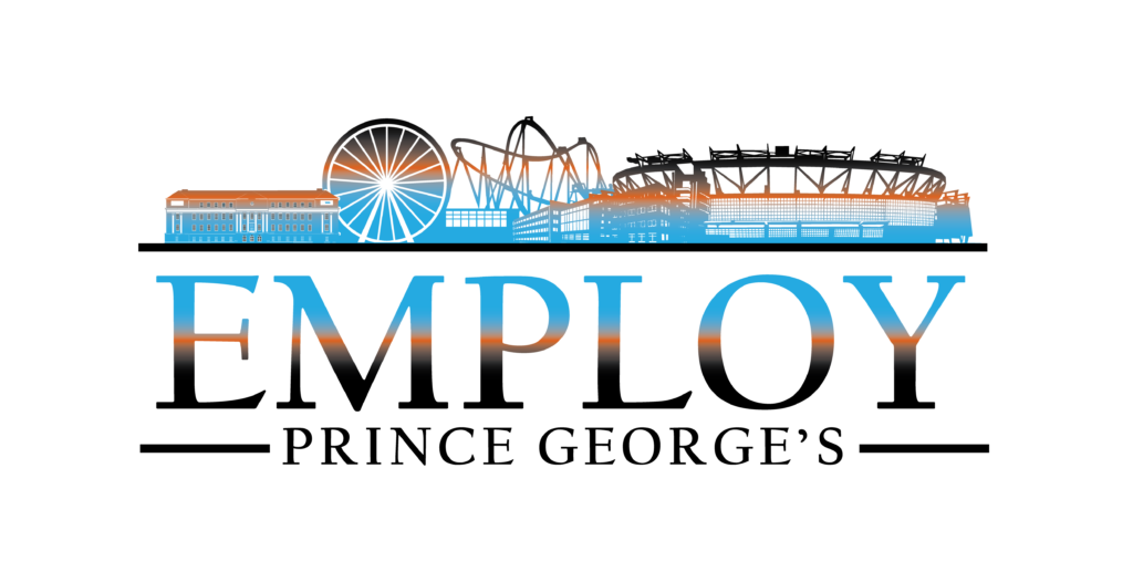 Logo featuring the words EMPLOY PRINCE GEORGE'S in blue, orange, and black, below a composite skyline image featuring a building, a ferris wheel, a rollercoaster, and a stadium.
