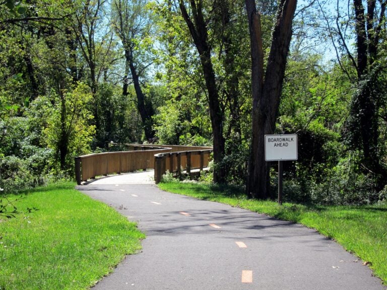 A curving, paved path with a dotted line down the middle leads through the grass to a section of boardwalk in a wooded area. A sign in the grass reads BOARDWALK AHEAD.