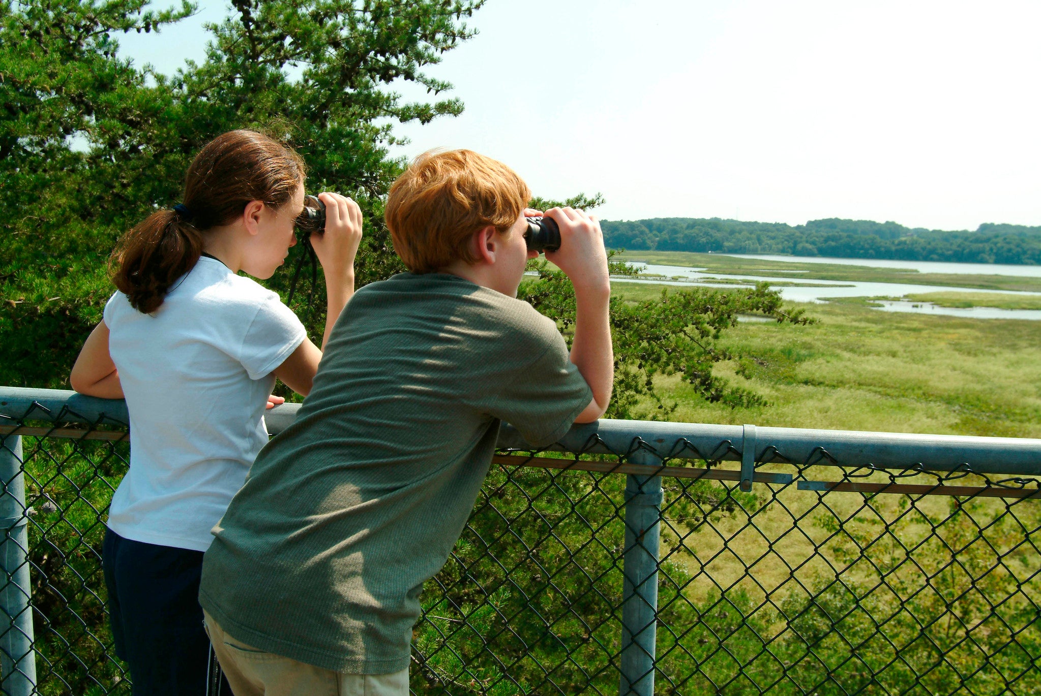 A boy and a girl rest their elbows on the top of a chain-link fence, using binoculars to look out across a marshy wetland area with a body of water in the distance.