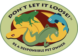 An oval logo with the text: Don’t Let it Loose on top and Be a Responsible Pet Owner at the bottom. In the center of the green oval, there is a picture of a snake, frog, lizard, and fish.