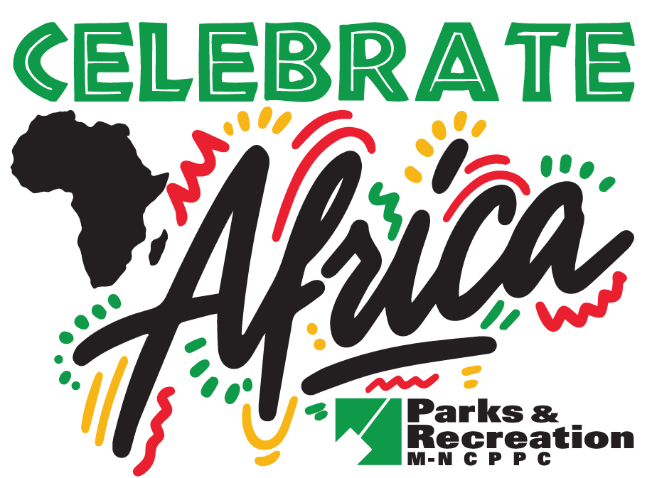 Graphic that says "Celebrate Africa." The word Africa is outlined with red, green, and gold squiggles and dots.