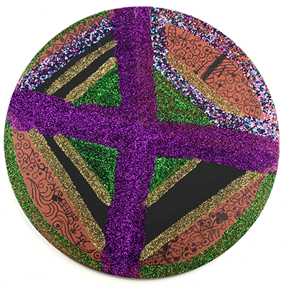 A circular artwork with an abstract, geometric design featuring magenta, gold, and green glittery forms on a black background, with orange sections of black doodled patterns.
