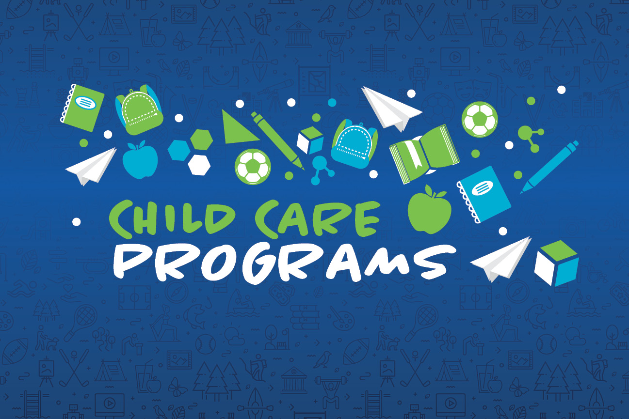 Child Care Programs logo with books, pencils, and shapes floating on a blue background