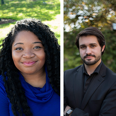 A split photos of two individuals, Ariel Emma, and Joshua Cessna standing in front of a grass and tree filled background