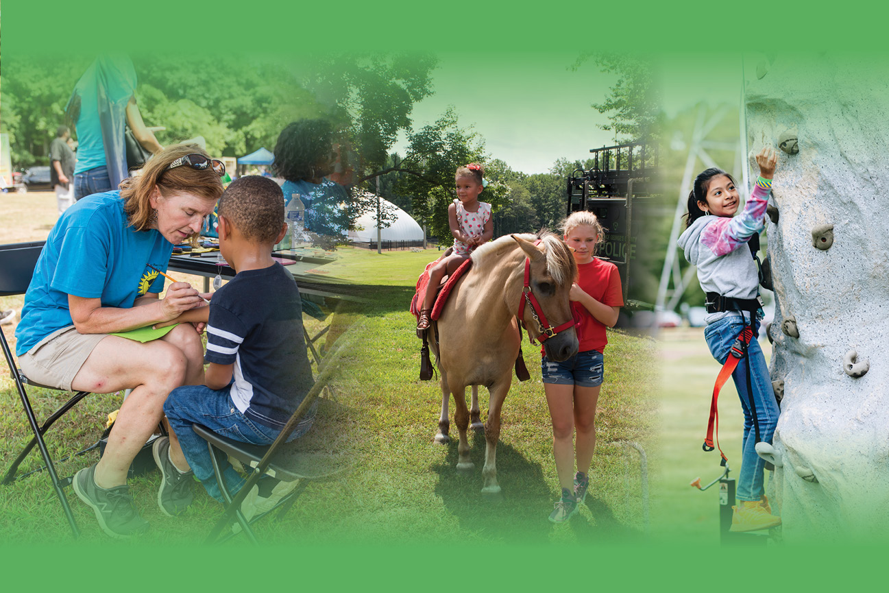 A woman painting a child's face, two girls riding a pony, and a harnessed girl climbing a rock wall