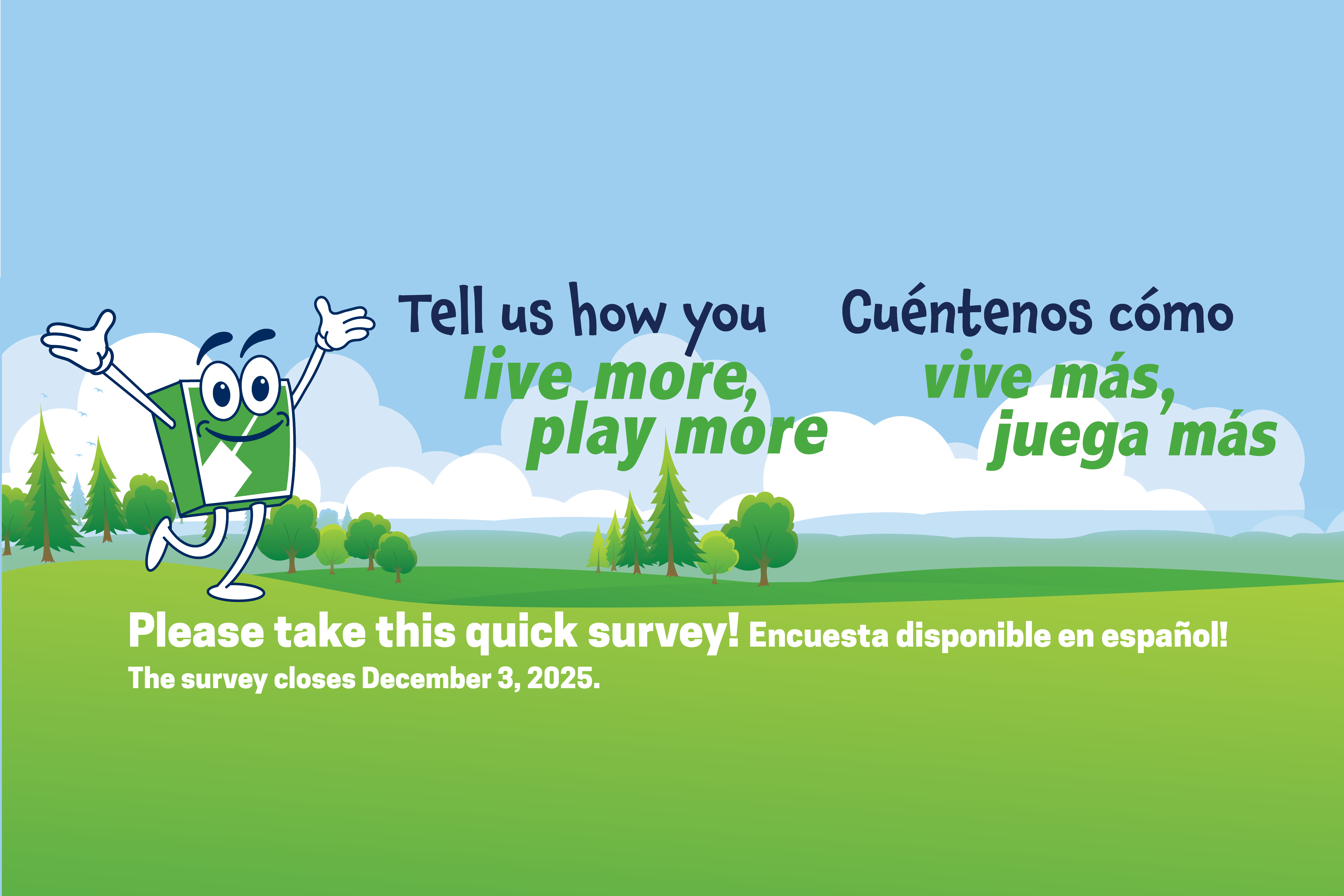 An illustration of FUN against a blue sky, and green grass fields with some trees in the background. 