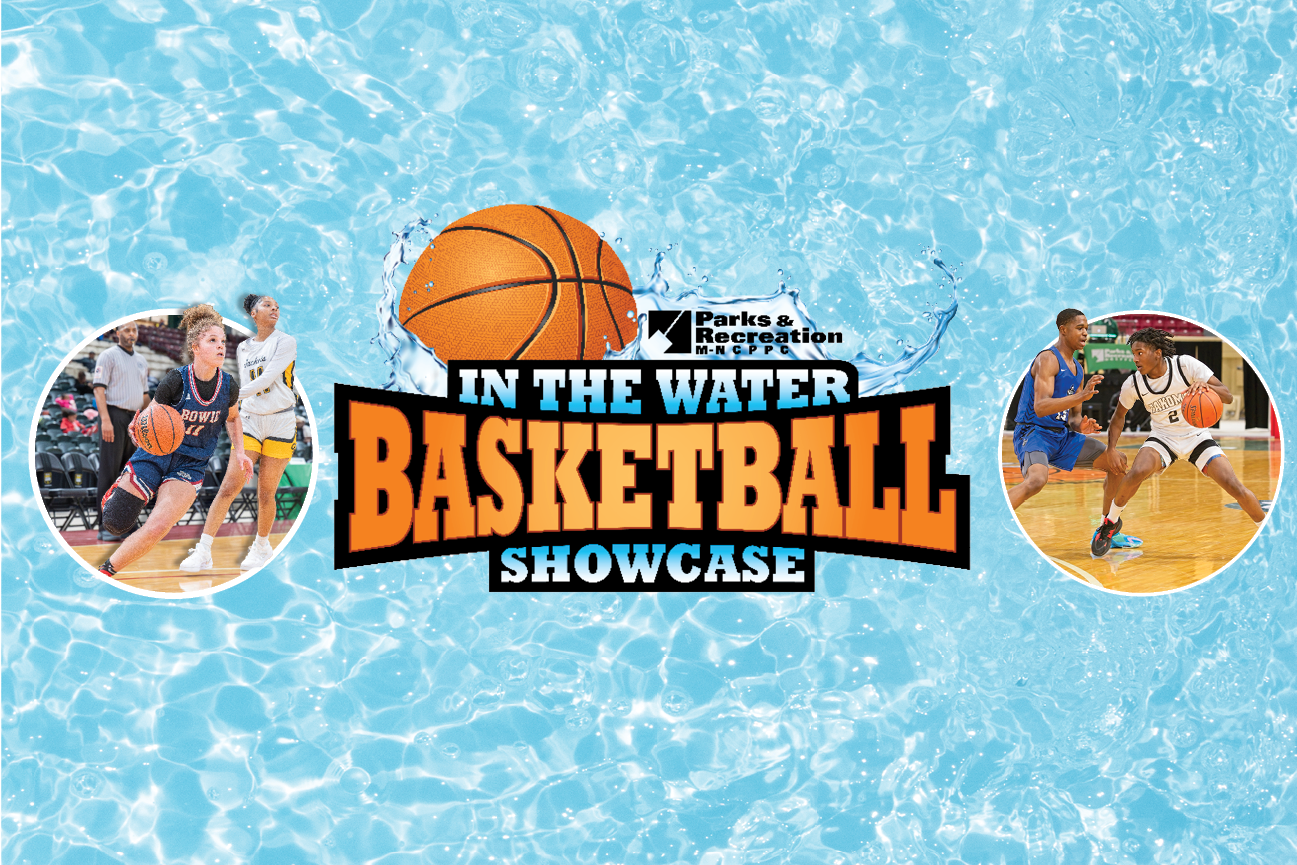 In The Water Basketball logo, surrounded by water, and bubbles showcasing images of athletes playing basketball.