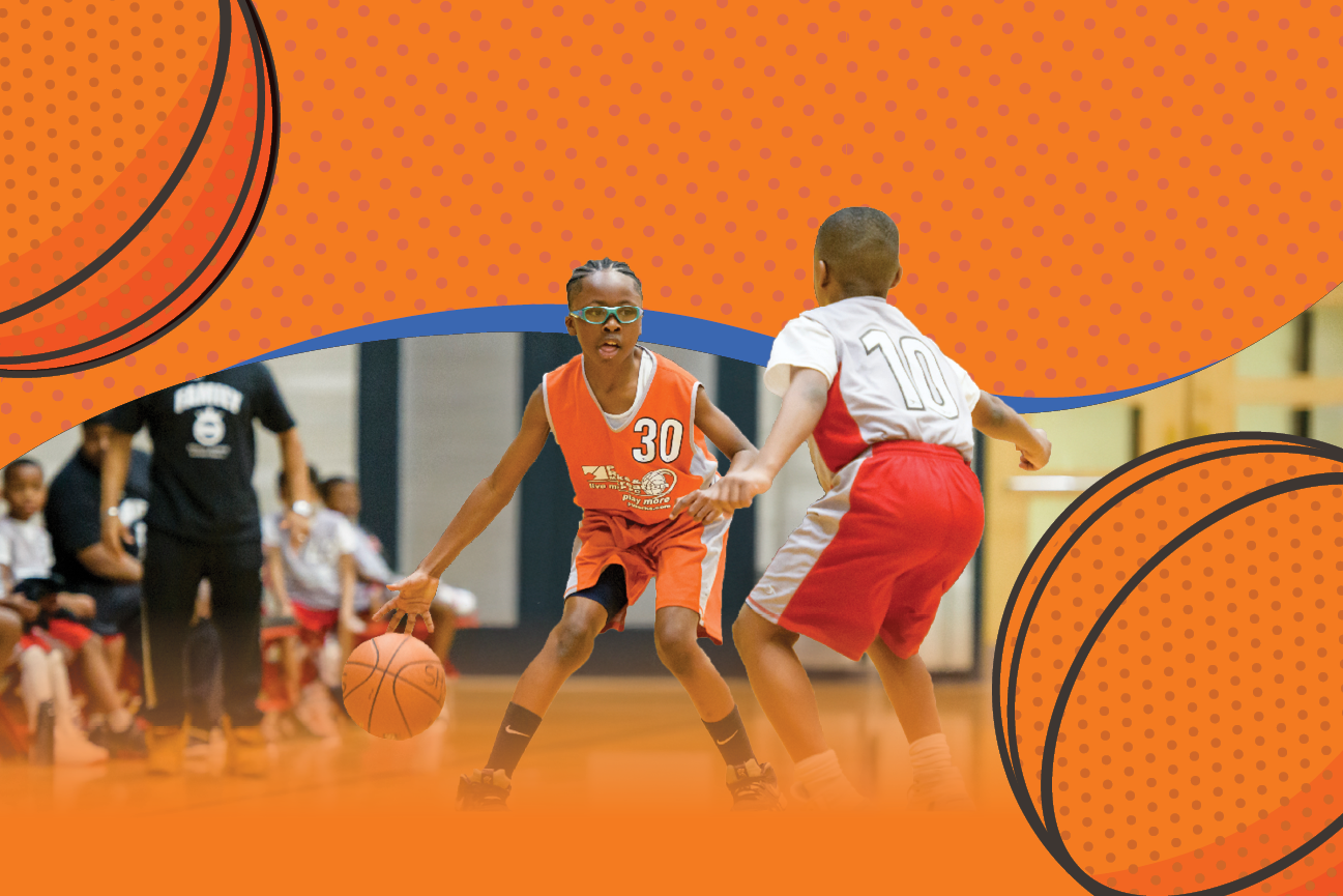 Two boys playing basketball on a court, surrounded by orange basketball graphics