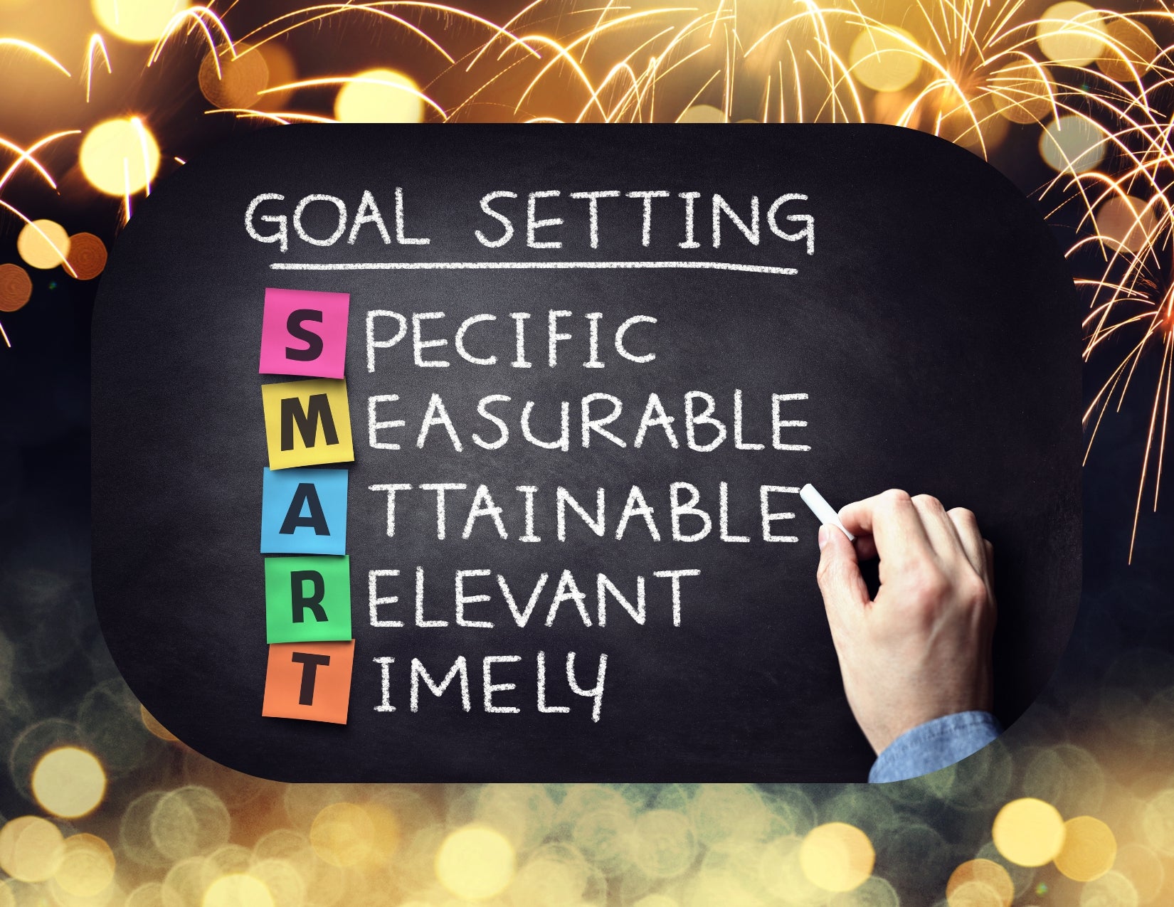 Graphic illustration featuring a hand using chalk to write the following things on a chalkboard: GOAL SETTING, SPECIFIC, MEASURABLE, ATTAINABLE, RELEVANT, TIMELY. This image is framed by images fireworks exploding.