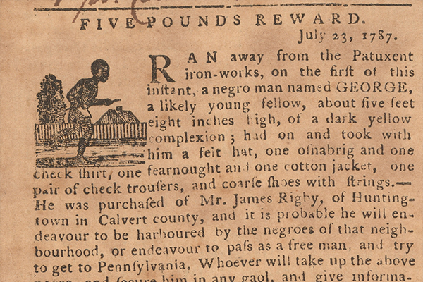 A historic ad for a reward for a runaway slave