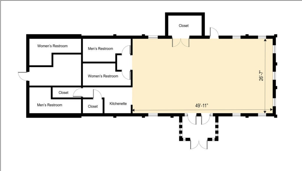 Floorplan of Birchwood park building. The main room is 49 feet 11 inches by 26 feet 11 inches. Other rooms are: two women's restrooms, two men's restrooms, a kitchenette with attached 2 closets and a additional closet.