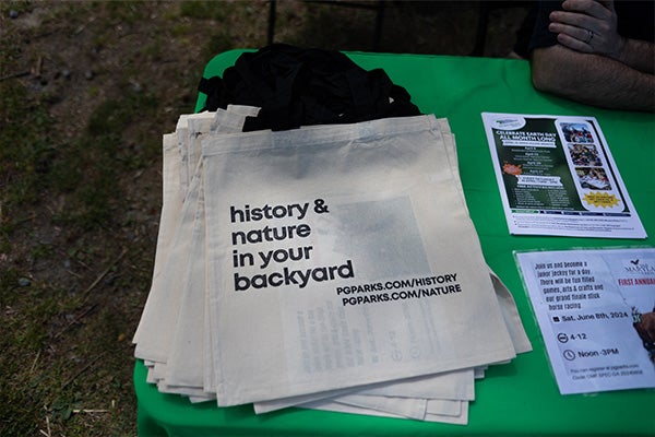 A stack of tote bags that say "History & nature in your backyard" lying on a table next to flyers.