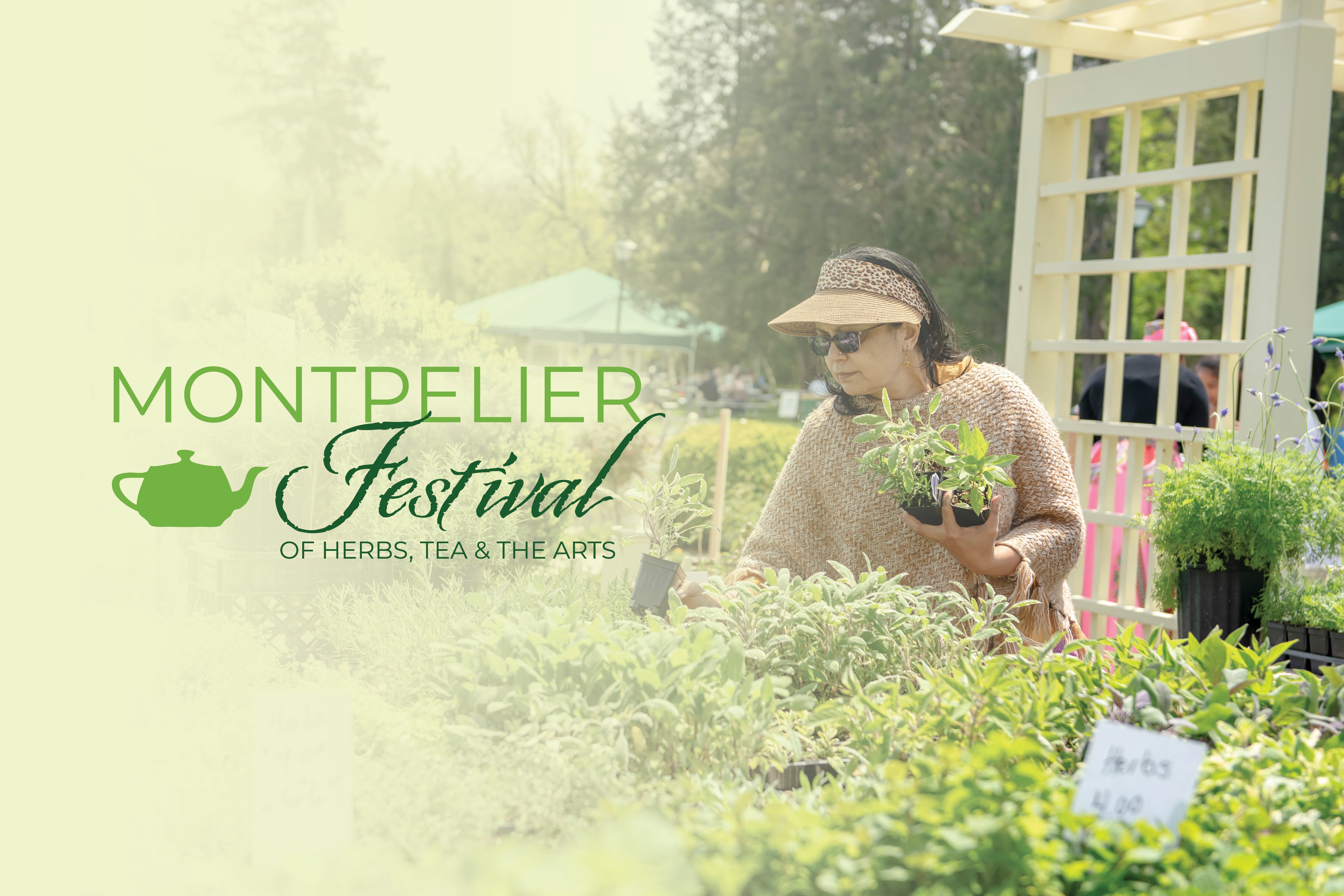 A woman shopping for herbs and plants outside. Text reads 