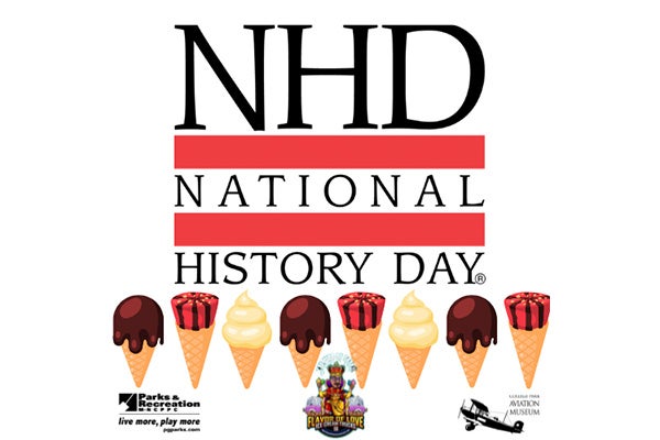 Different flavored ice cream cones line text reading "NHD - National History Day"