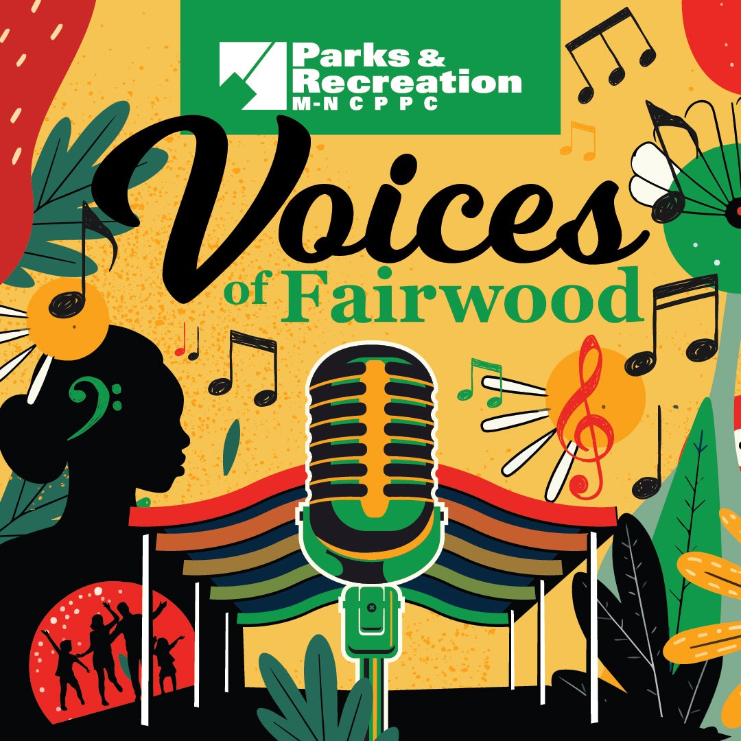**Alt text (17 words):** Colorful poster reading Voices of Fairwood with microphone, music notes, pavilion stage, and Parks and Recreation logo.