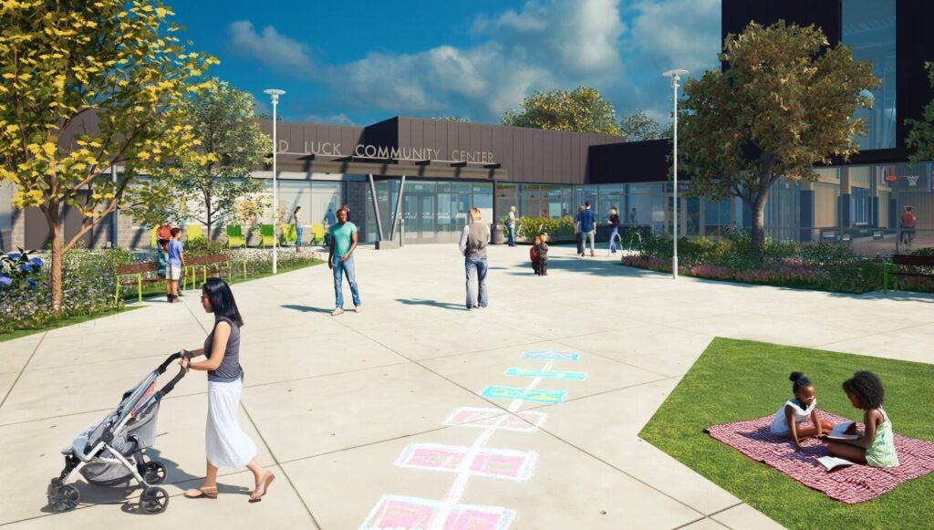 An three dimensional rendering of the planned front of Good Luck Community Center.