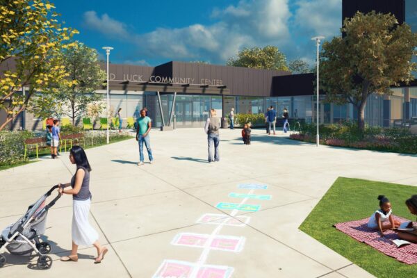 An three dimensional rendering of the planned front of Good Luck Community Center.