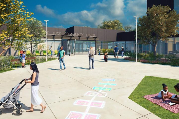 Architectural rendering of people on a concrete patio in front of a contemporary building with the words Good Luck Community Center over the entrance.