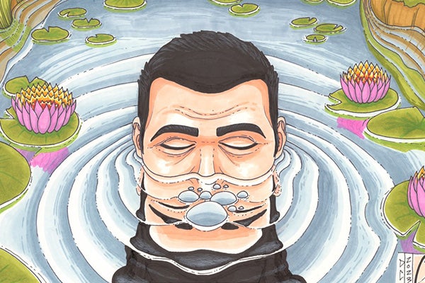 Mixed-media drawing of the top of a person's head sticking out of a pond, surrounded by lily pads and lotus blossoms.