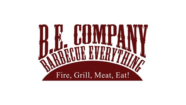 B.E. Company Barbecue Everything logo with bold red text and slogan “Fire, Grill, Meat, Eat!”