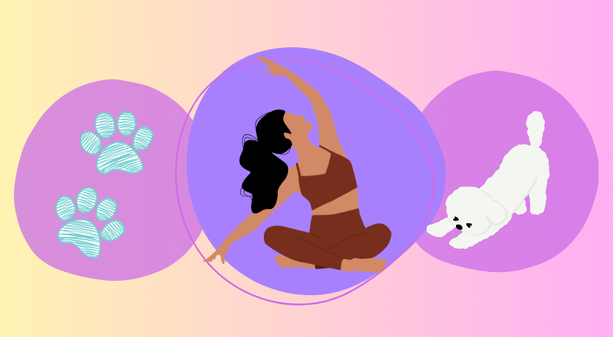 Illustration of person stretching in yoga pose, dog nearby, with paw prints and colorful abstract circles in background.