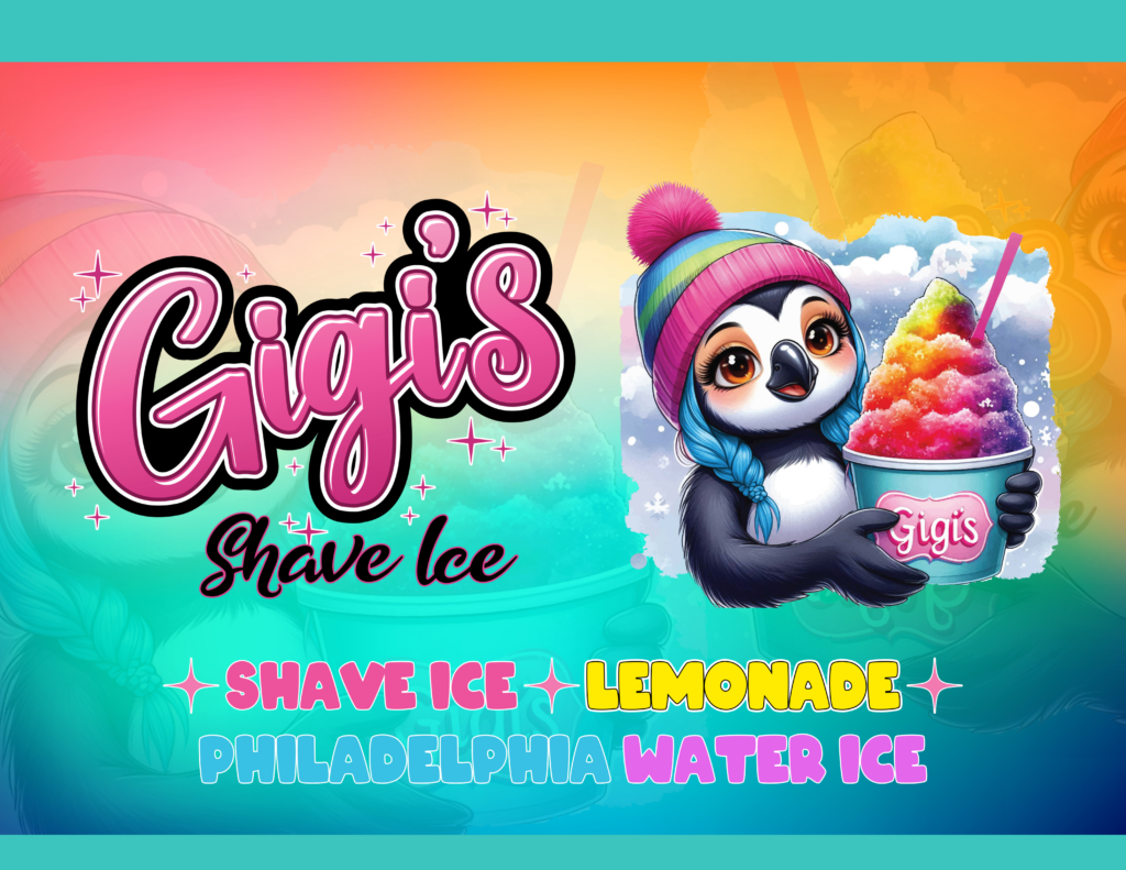Gigi’s shaved ice logo with pink script text and penguin holding colorful shaved ice cup.