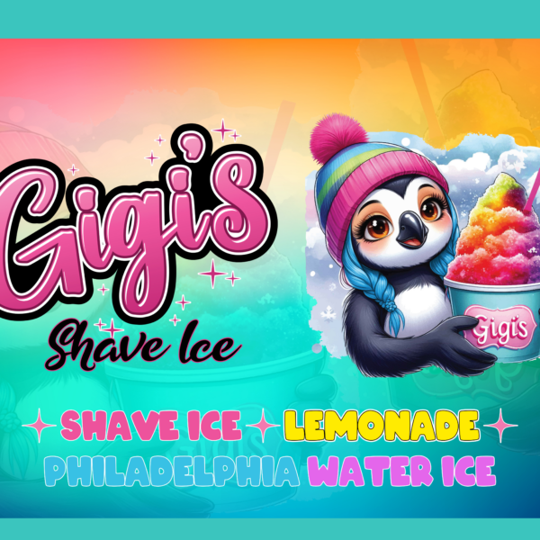 Gigi’s shaved ice logo with pink script text and penguin holding colorful shaved ice cup.