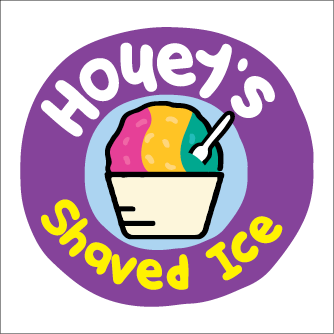 Houey’s shaved ice logo with bowl of colorful shaved ice on purple circle background.