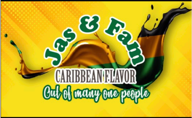 Jas & Fam Caribbean Flavor logo with splashing colors and text “Out of many one people.”