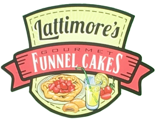 Lattimore’s Gourmet Funnel Cakes logo with funnel cake, drink, and green badge.