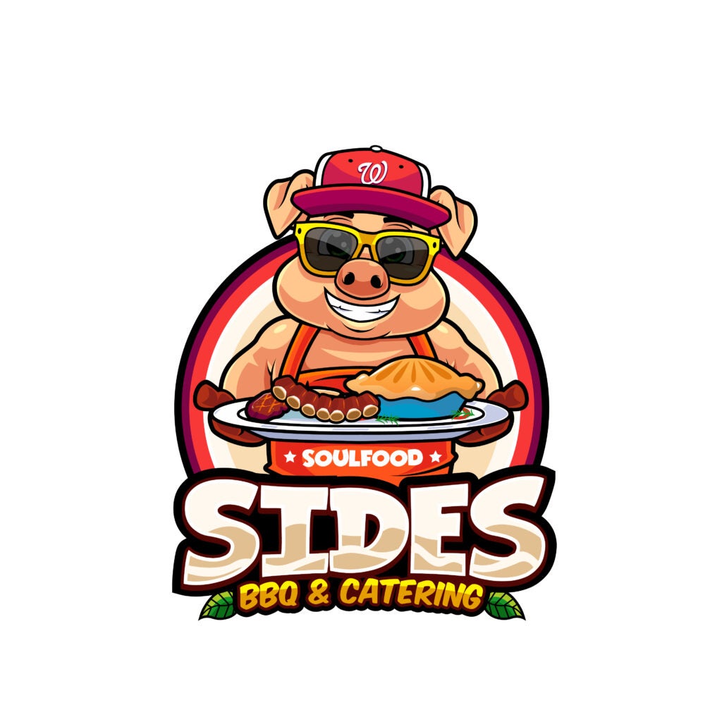 Sides BBQ and Catering logo with cartoon pig holding ribs and pie.