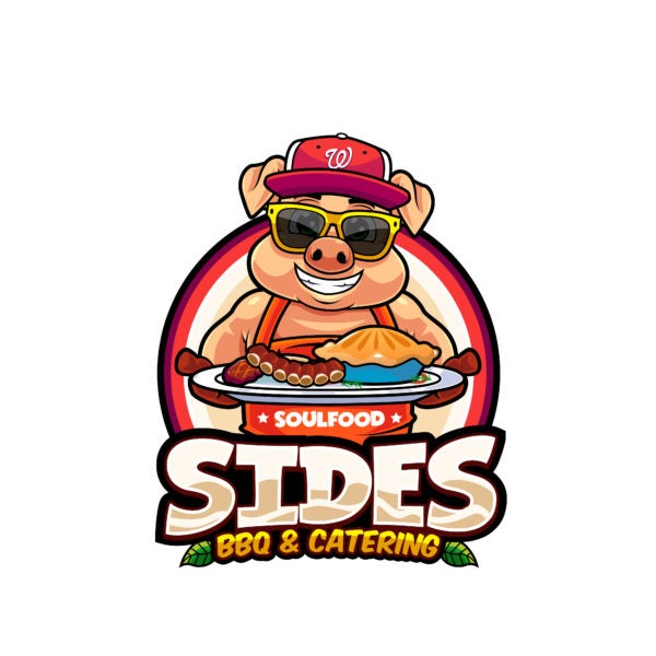 Sides BBQ and Catering logo with cartoon pig holding ribs and pie.