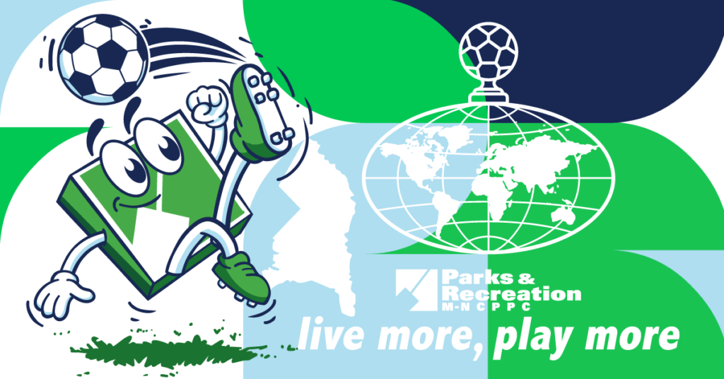A drawing of the Department’s mascot who is kicking a soccer ball. The mascot is an anthropomorphized version of the Department’s green and white logo representing Prince George’s and Montgomery Counties.