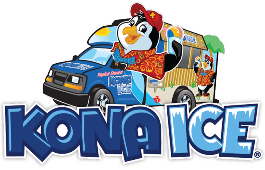 Kona Ice logo with cartoon penguin driving tropical shaved ice truck.