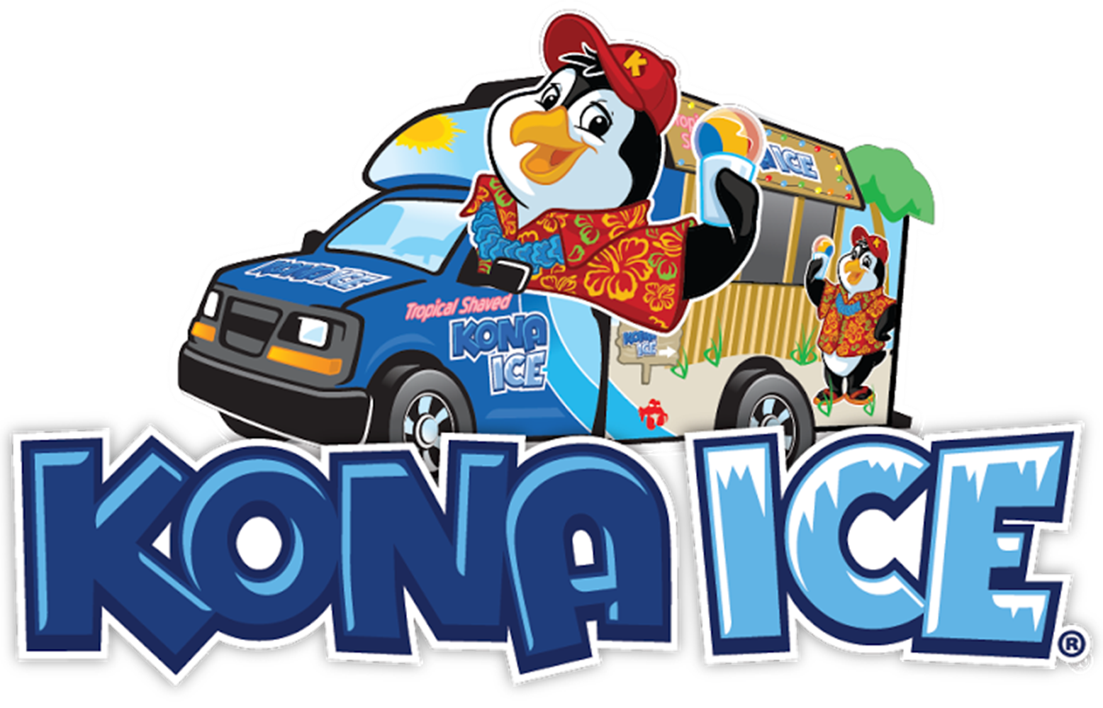 Kona Ice logo with cartoon penguin driving tropical shaved ice truck.