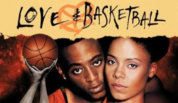 Close-up of two people with basketball, warm-toned background, stylized handwritten title "Love and Basketball" at top.
