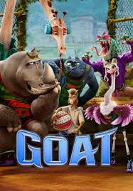 Animated sports arena poster: various animals gather around stage,with a goat holding a basketball, colorful characters, bold title “GOAT” at bottom.