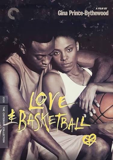Poster of two people sitting with a basketball, text “Love & Basketball” and film credit above.