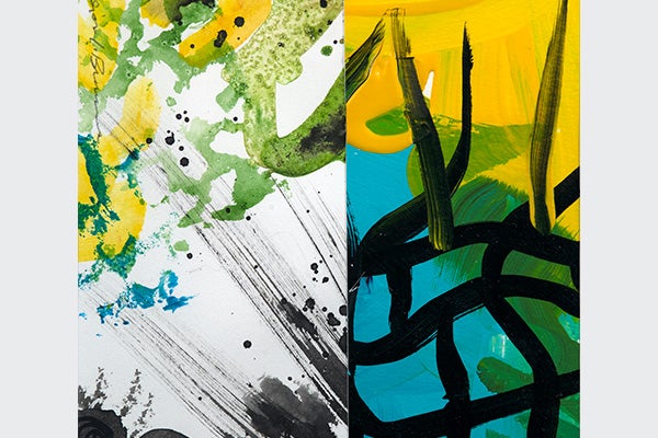 Abstract paintings in shades of gold, green, black, and teal.