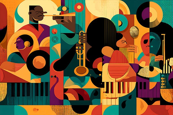 Abstract artwork depicting Black musicians and musical instruments.