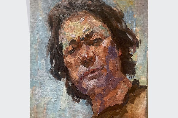 Impressionist-style painting of a man with brown hair.