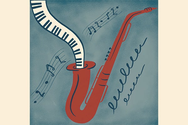 Illustration depicting piano keys emerging from a saxophone.