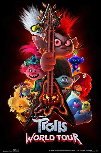 Red haired troll holding a guitar with other colorful trolls peaks out on each side.