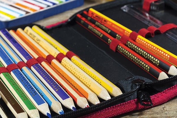 Colored pencils in a zippered carrying case.