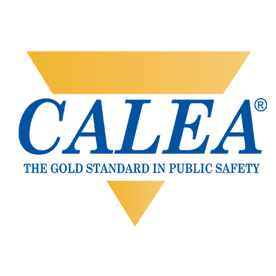 Blue and yellow logo that reads CALEA: The Gold Standard in Public Safety.