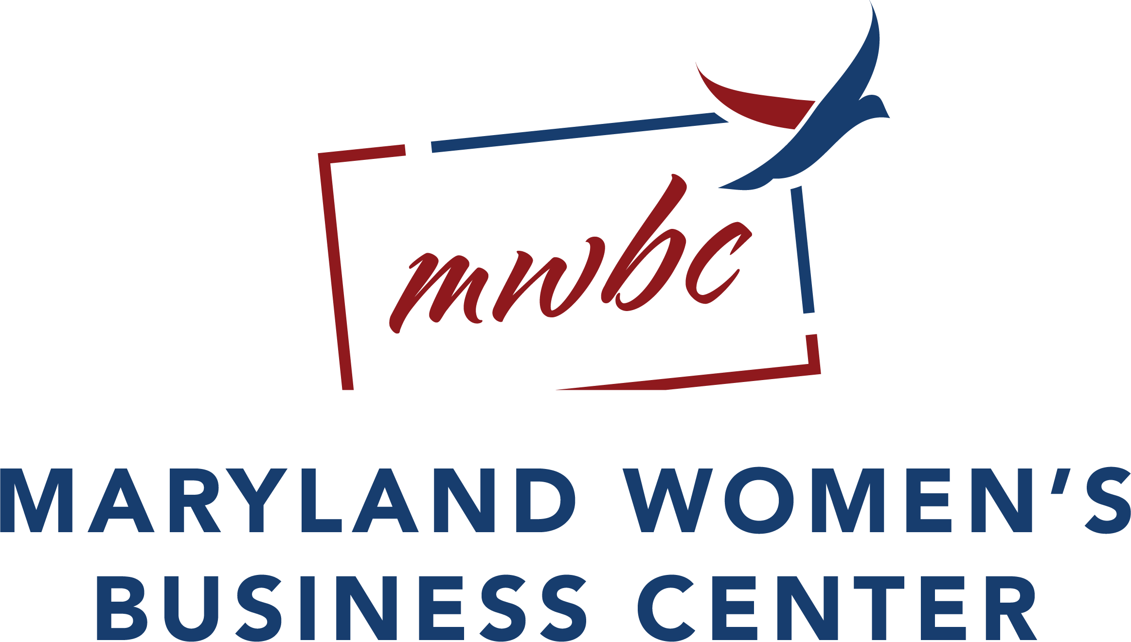 Maryland Women’s Business Center logo featuring red “mwbc” script, blue and red outlined box, stylized bird, and organization name in blue text.