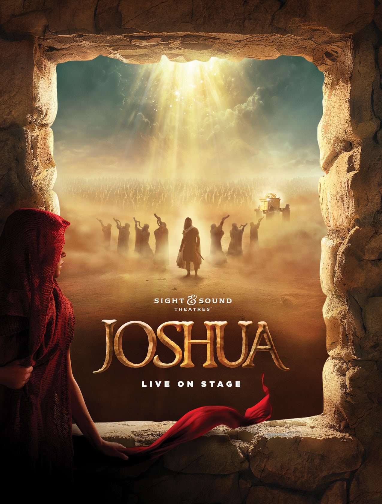 Promotional poster for Joshua Live on Stage showing a desert scene, crowd, and dramatic beams of light through a stone archway.